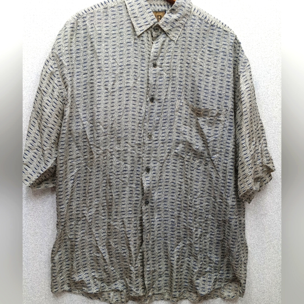 Bruno Men Button Up Shirt Medium Black Beige 100% Silk Hawaiian Short Sleeve